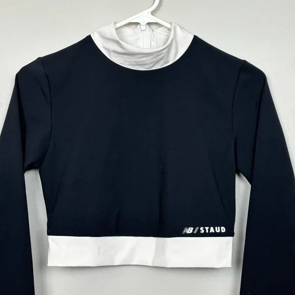 New Balance Staud Top Womens Small Black White Mock Neck Crop Long Sleeve - Picture 3 of 9